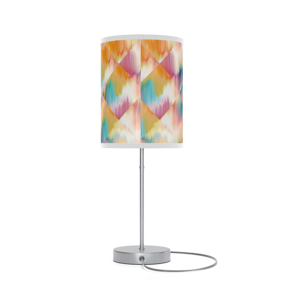 20" Silver Table Lamp With White And Colorful Abstract Ikat Cylinder Shade