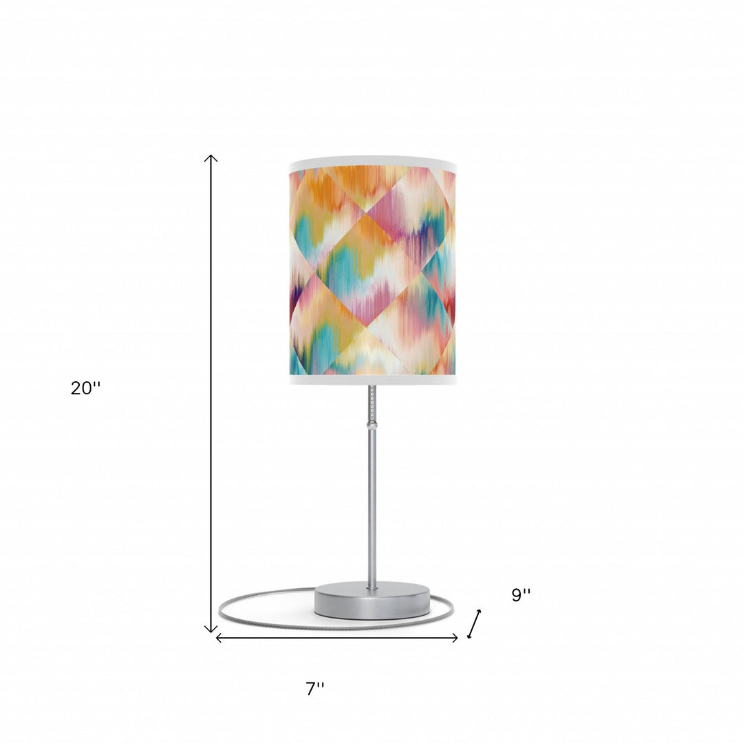 20" Silver Table Lamp With White And Colorful Abstract Ikat Cylinder Shade