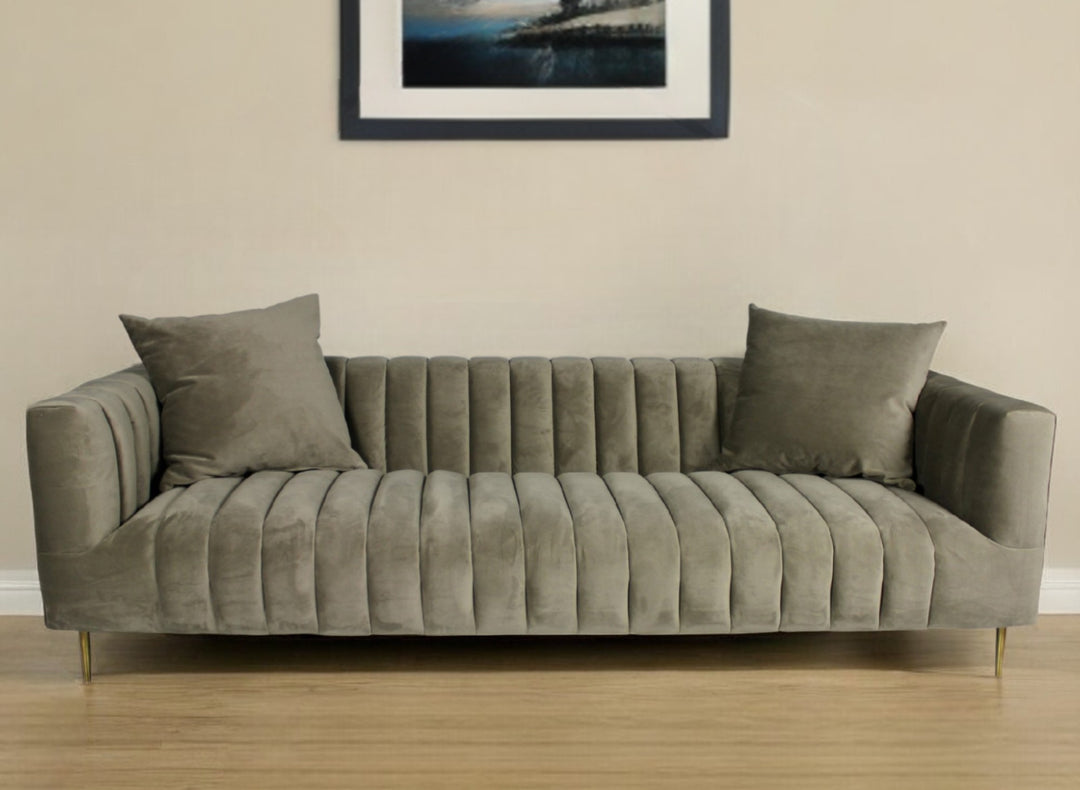 90" Gray Brown Velvet Sofa And Toss Pillows With Gold Legs