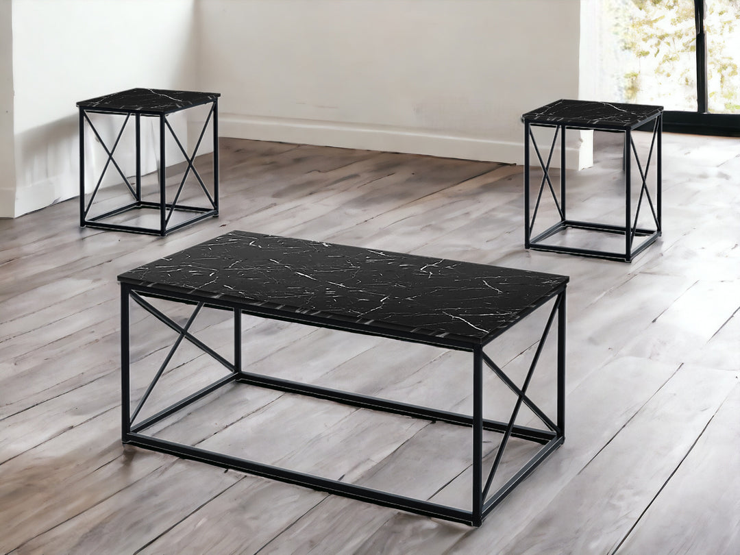 Set of Three 42" Black Metal and Wood Coffee Tables