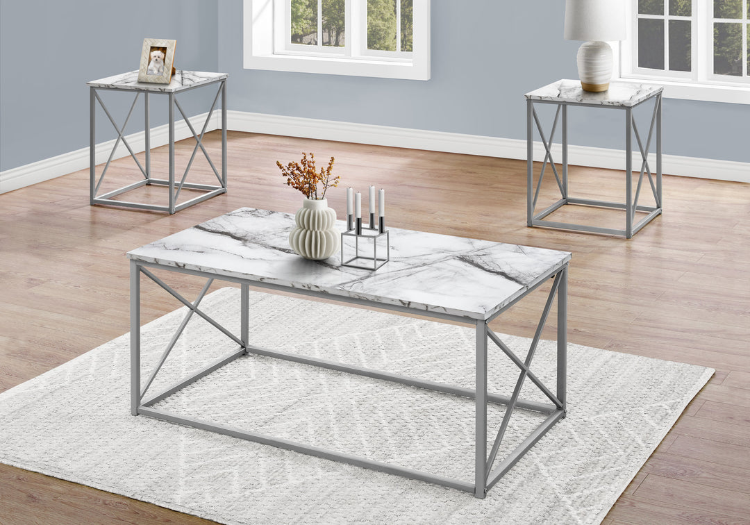 Set of Three 42" White Metal and Wood Coffee Tables