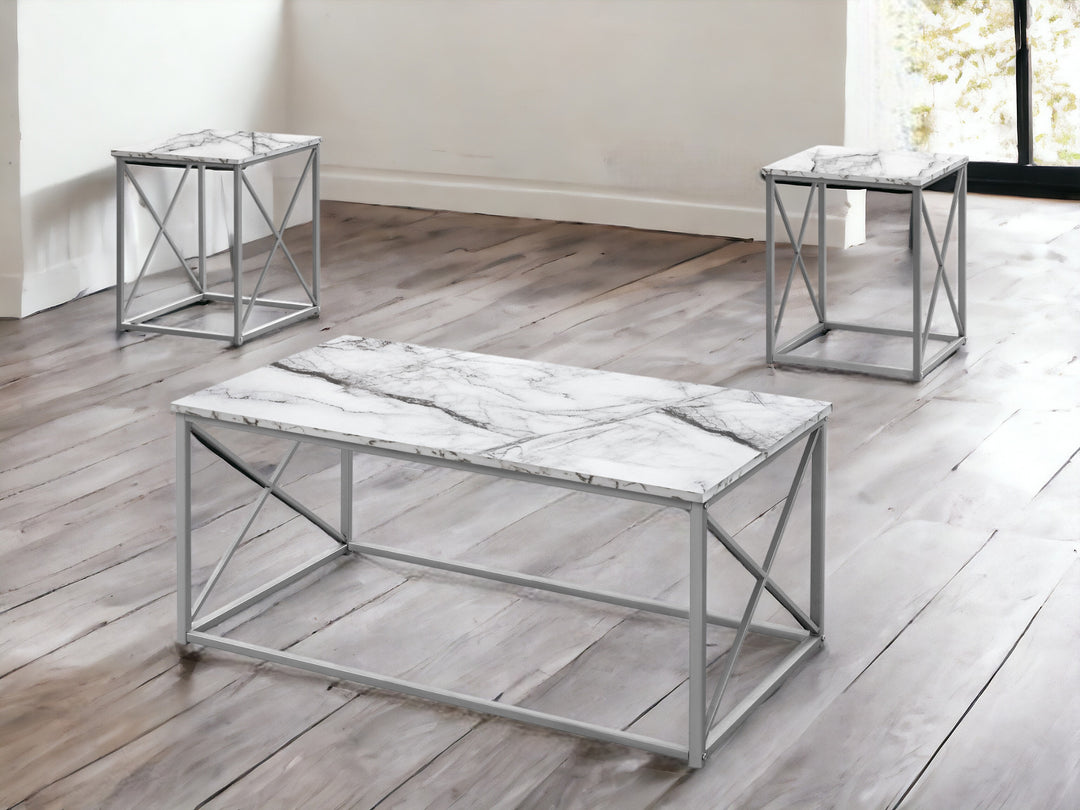 Set of Three 42" White Metal and Wood Coffee Tables