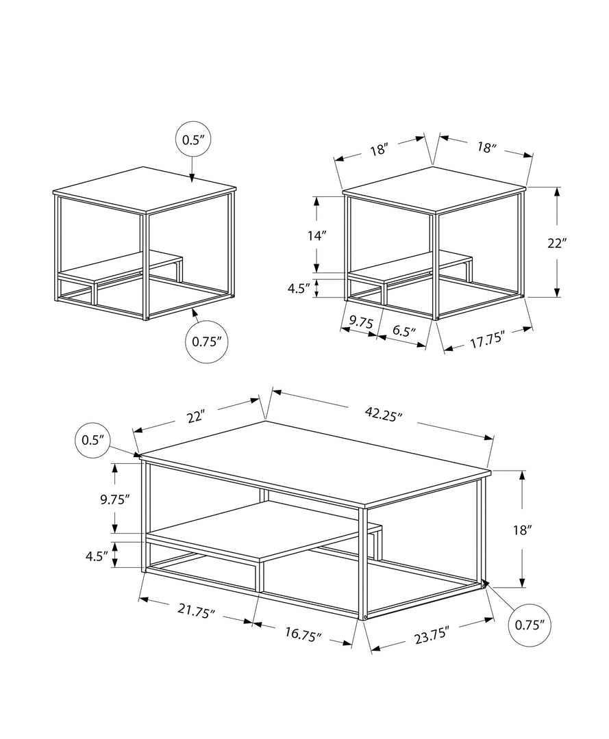 Set of Three 42" White Metal Coffee Tables with Shelf