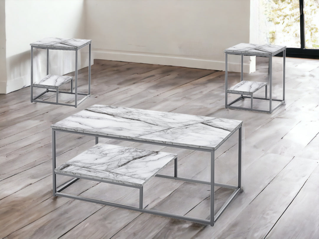 Set of Three 42" White Metal Coffee Tables with Shelf