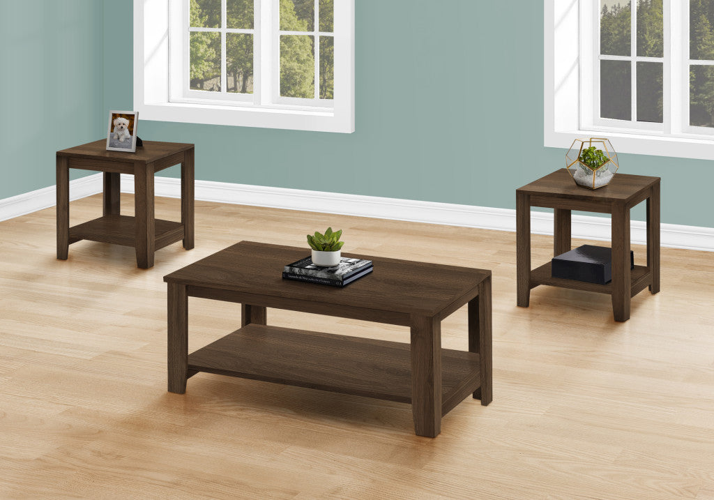 Set of Three 42-Inch Dark Brown Coffee Tables with Shelves