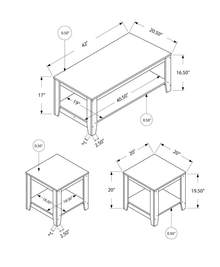 Set of Three 42-Inch Dark Brown Coffee Tables with Shelves