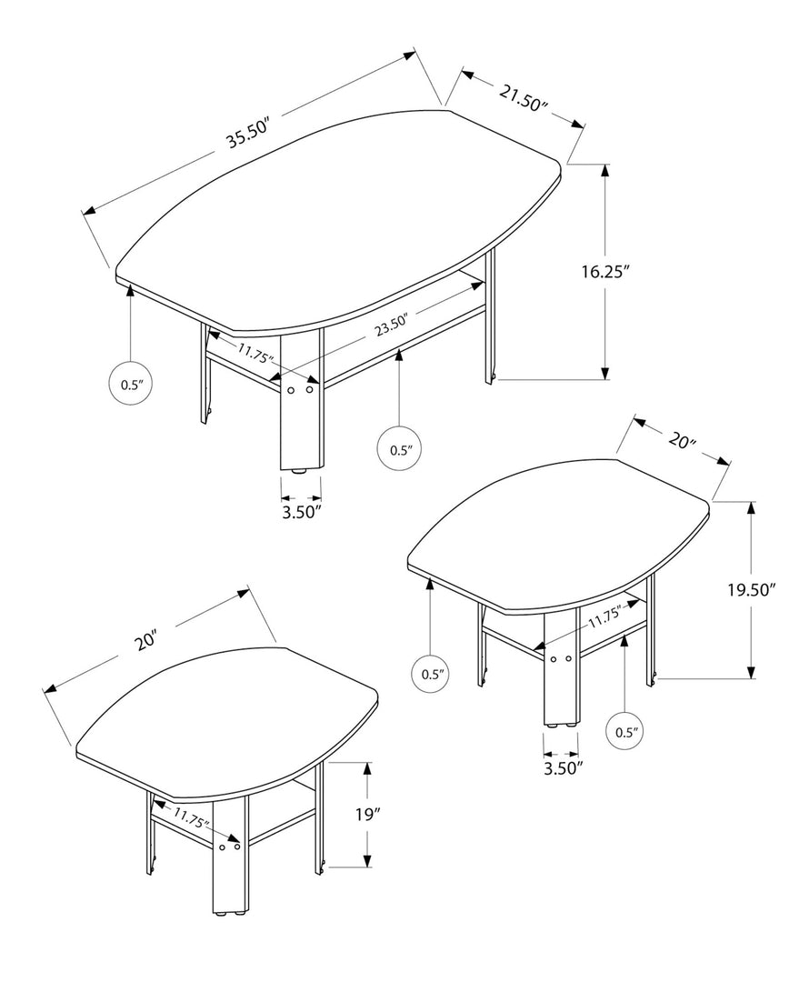 Set of Three 36-Inch Oak Coffee Tables with Shelves