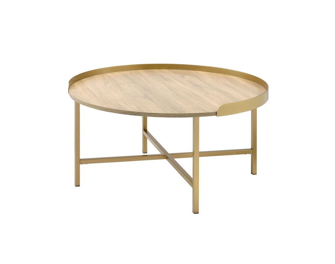 34" Gold and Oak Round Coffee Table with Removable Tray Top