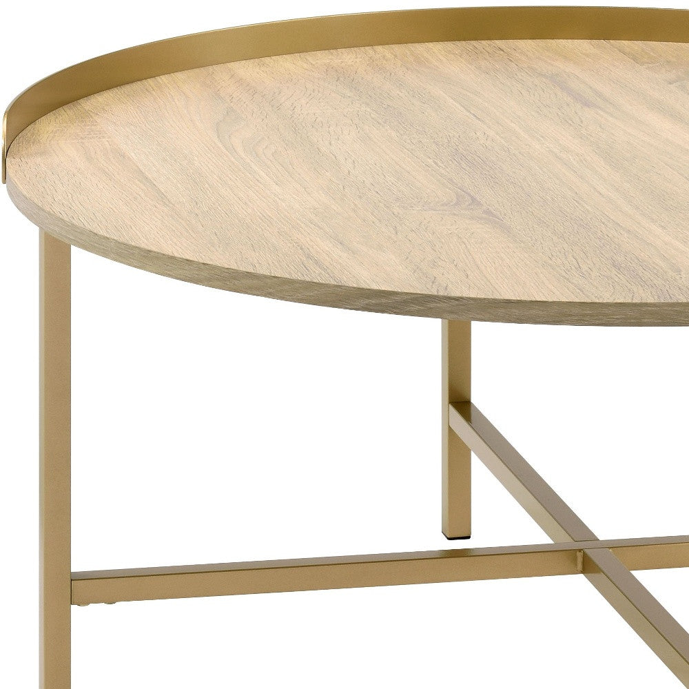 34" Gold and Oak Round Coffee Table with Removable Tray Top