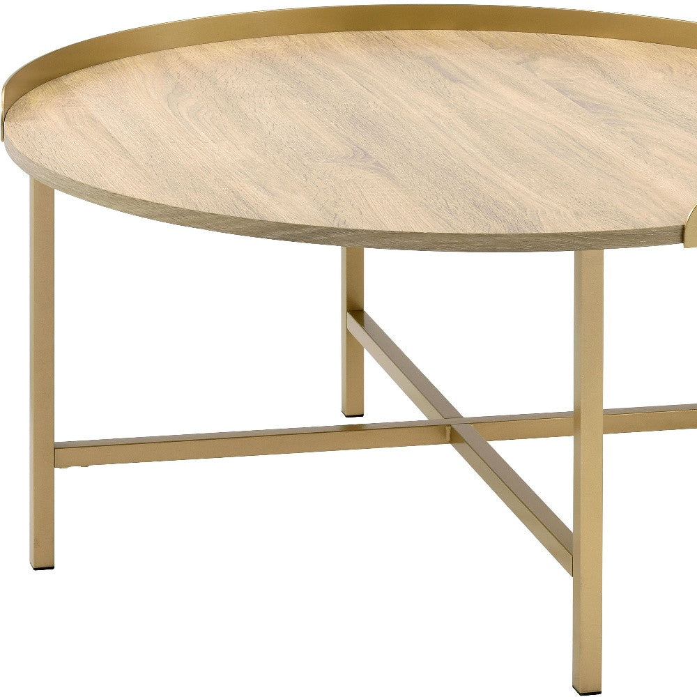 34" Gold and Oak Round Coffee Table with Removable Tray Top