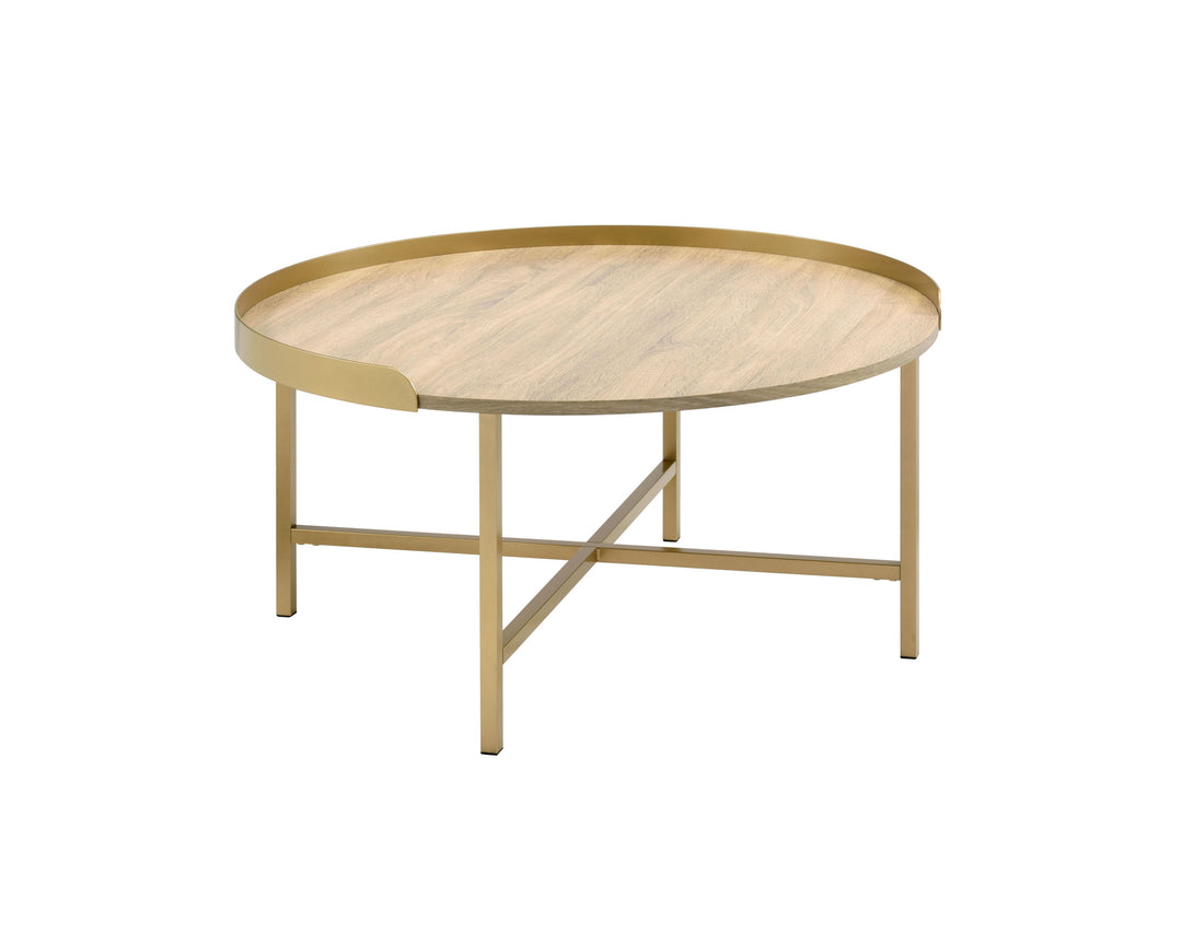 34" Gold and Oak Round Coffee Table with Removable Tray Top