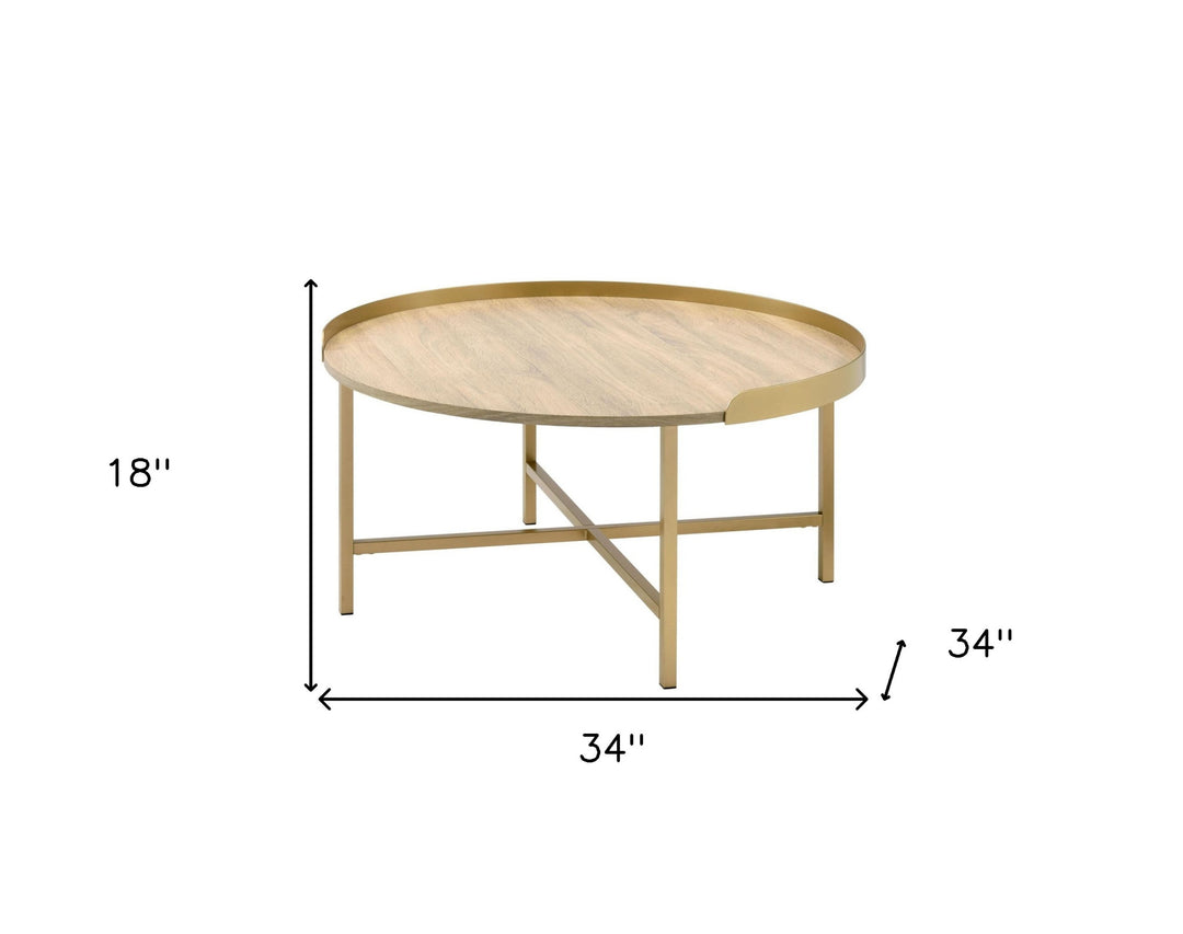 34" Gold and Oak Round Coffee Table with Removable Tray Top