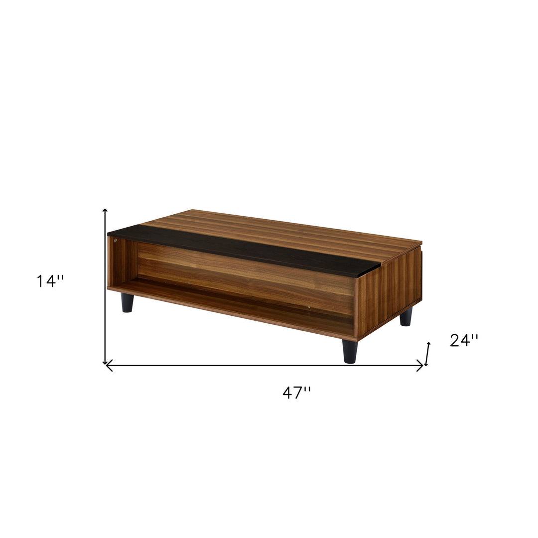 47" Brown and Black  Wood Lift Top Coffee Table With Shelf