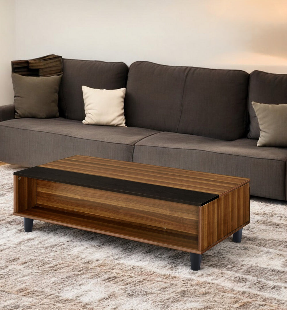 47" Brown and Black  Wood Lift Top Coffee Table With Shelf