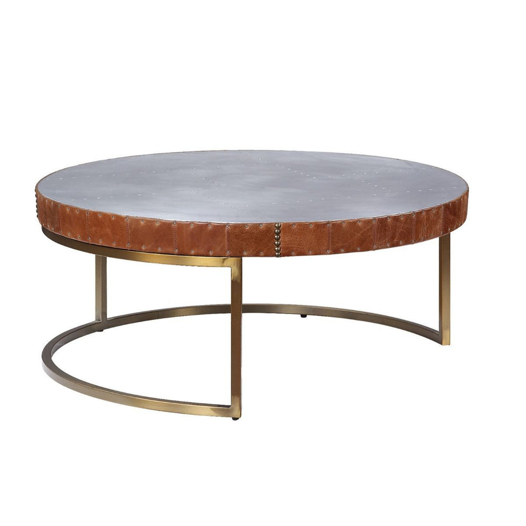 36-Inch Brown Leather and Silver Metal Round Coffee Table