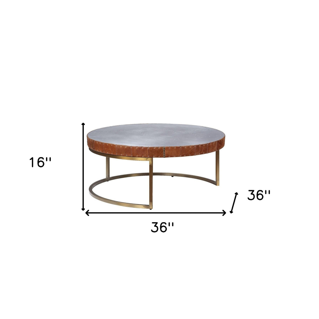 36-Inch Brown Leather and Silver Metal Round Coffee Table