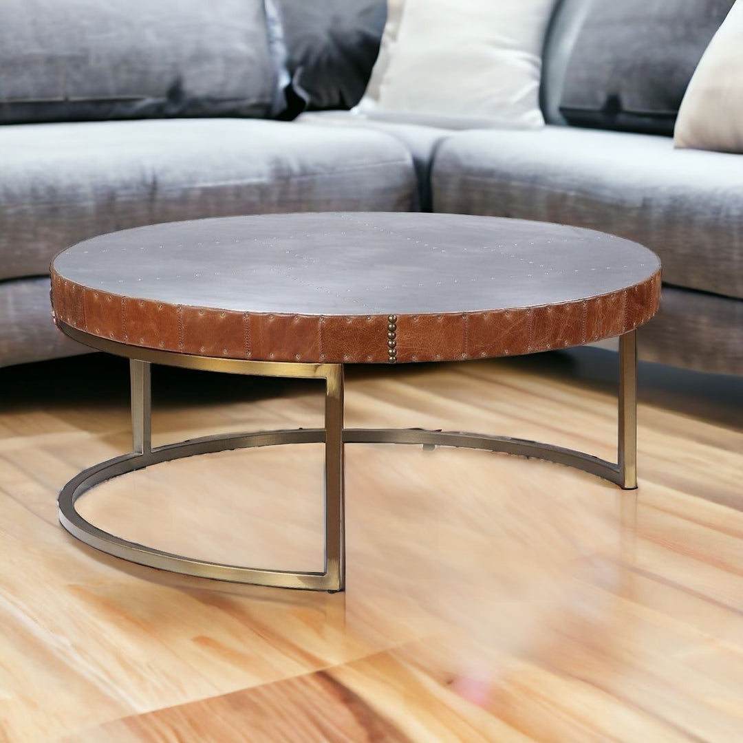 36-Inch Brown Leather and Silver Metal Round Coffee Table