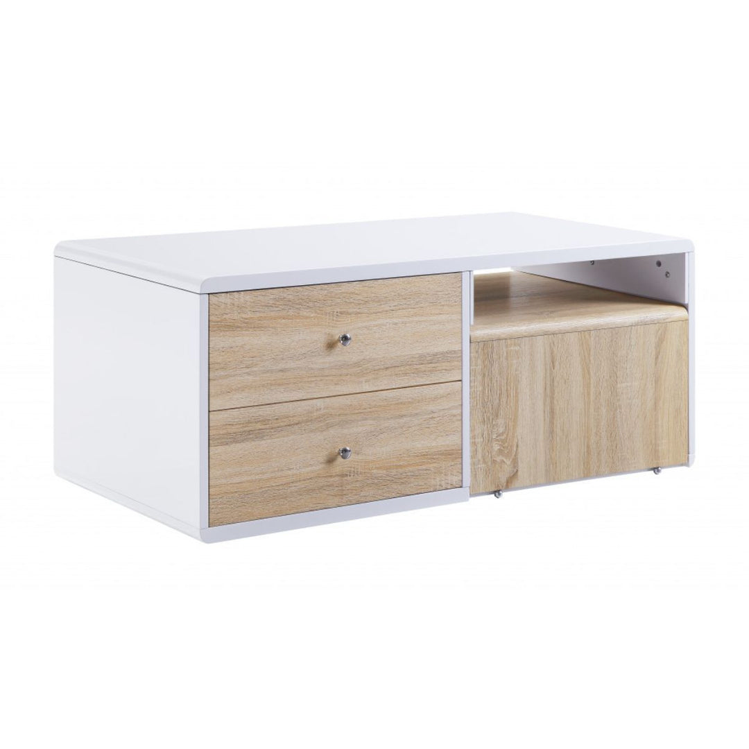 47-Inch White and Natural Coffee Table with Four Drawers and Expandable Surface