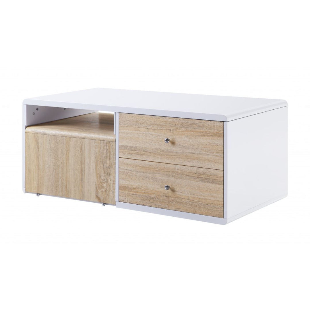 47-Inch White and Natural Coffee Table with Four Drawers and Expandable Surface