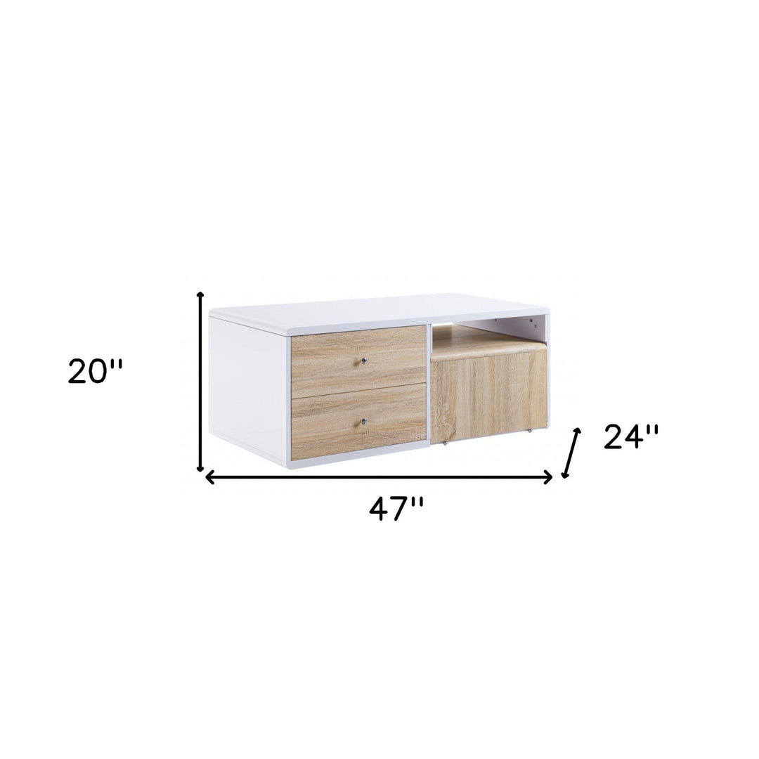 47-Inch White and Natural Coffee Table with Four Drawers and Expandable Surface