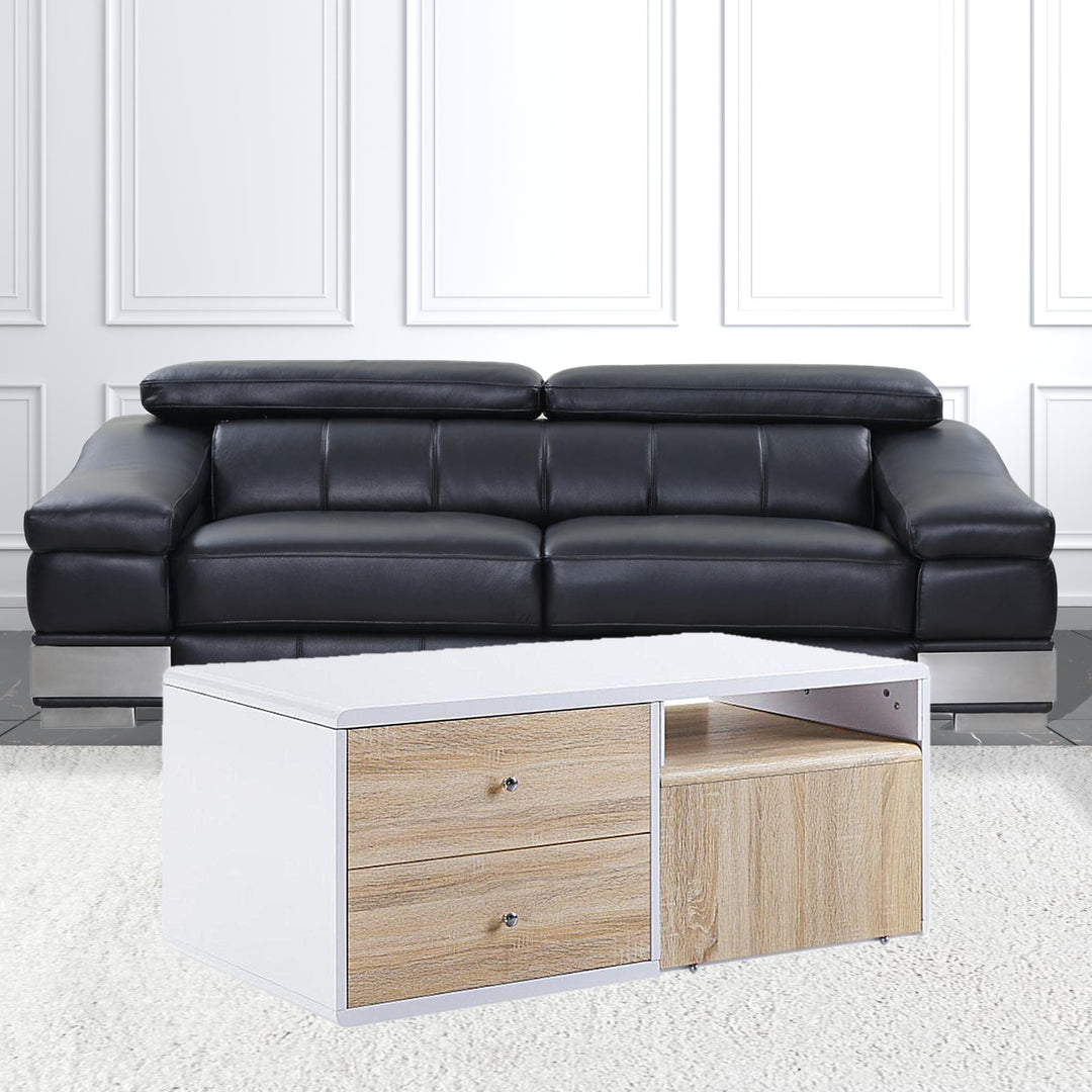 47-Inch White and Natural Coffee Table with Four Drawers and Expandable Surface