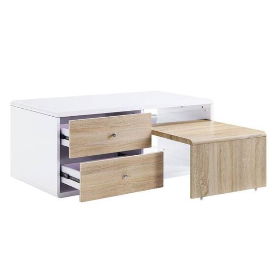 47-Inch White and Natural Coffee Table with Four Drawers and Expandable Surface