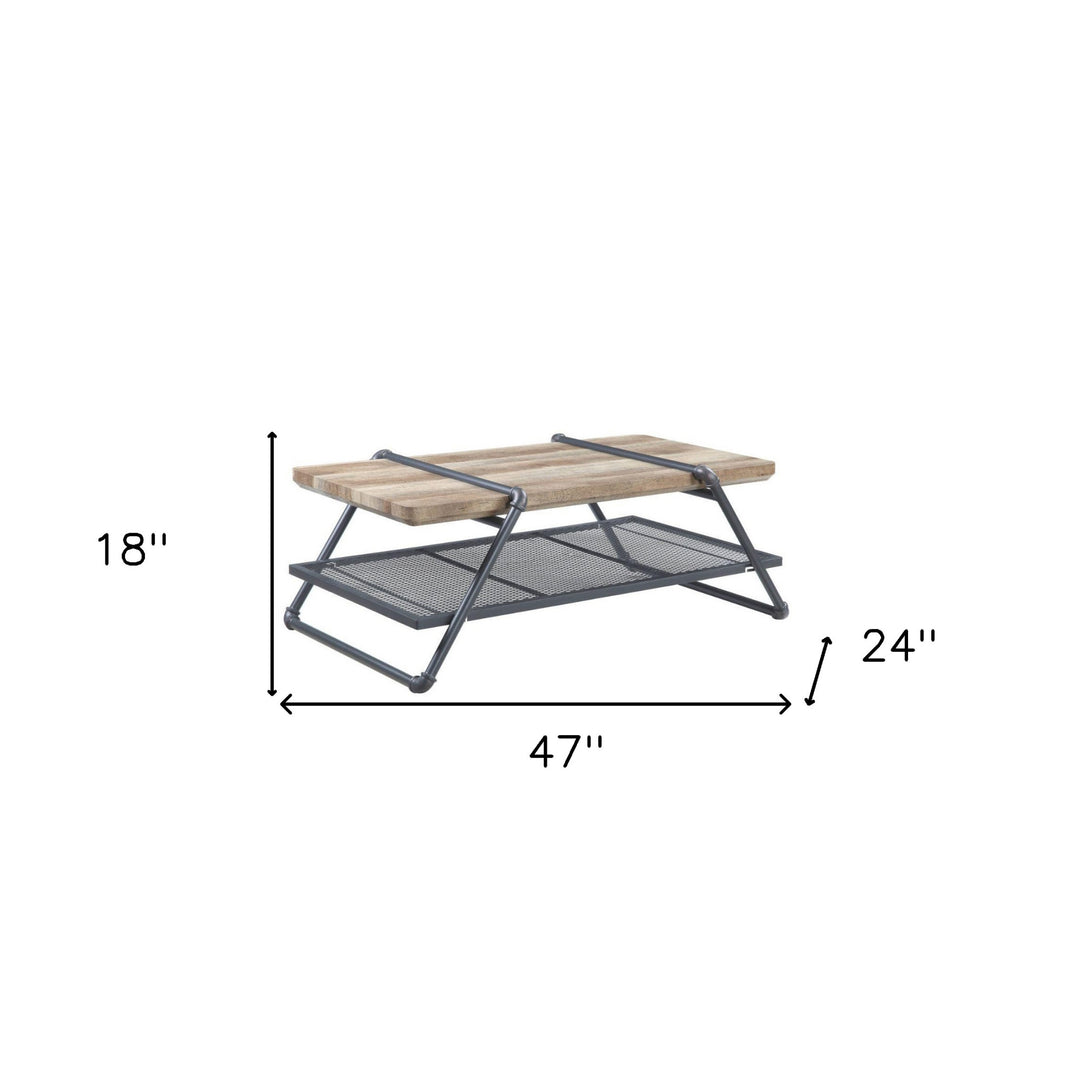 47-Inch Sandy Gray Metal And Oak Veneer Rectangular Coffee Table with Storage Shelf