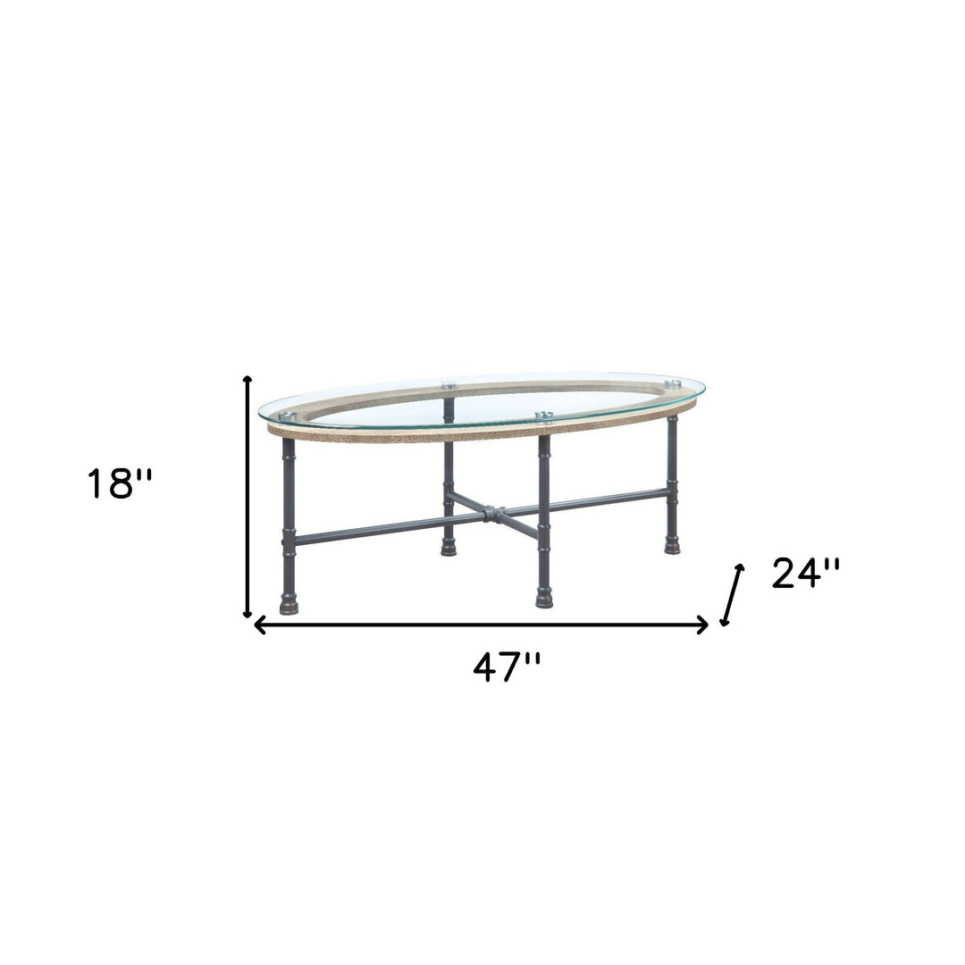 47-Inch Sandy Gray and Clear Glass Oval Coffee Table