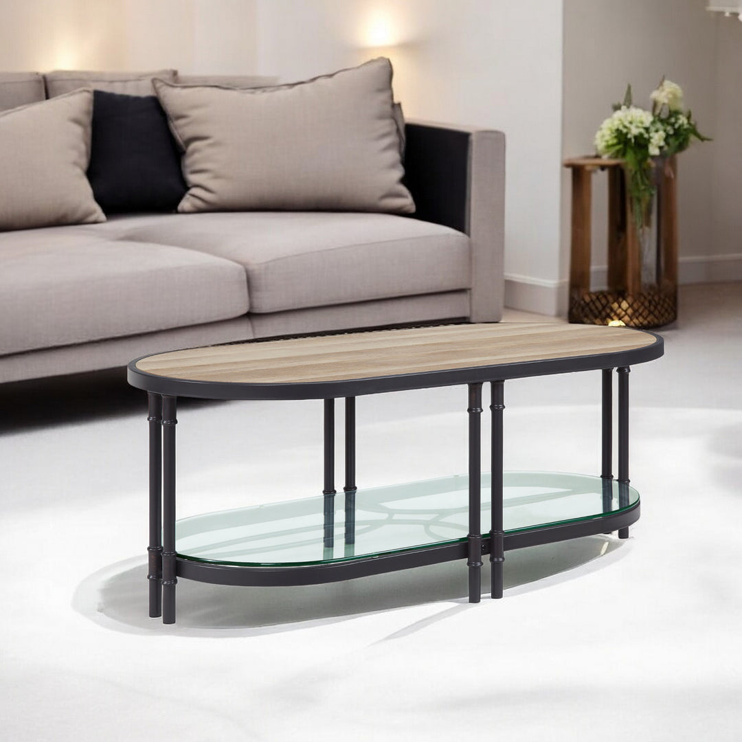 47-Inch Natural Metal Oval Coffee Table with Shelf