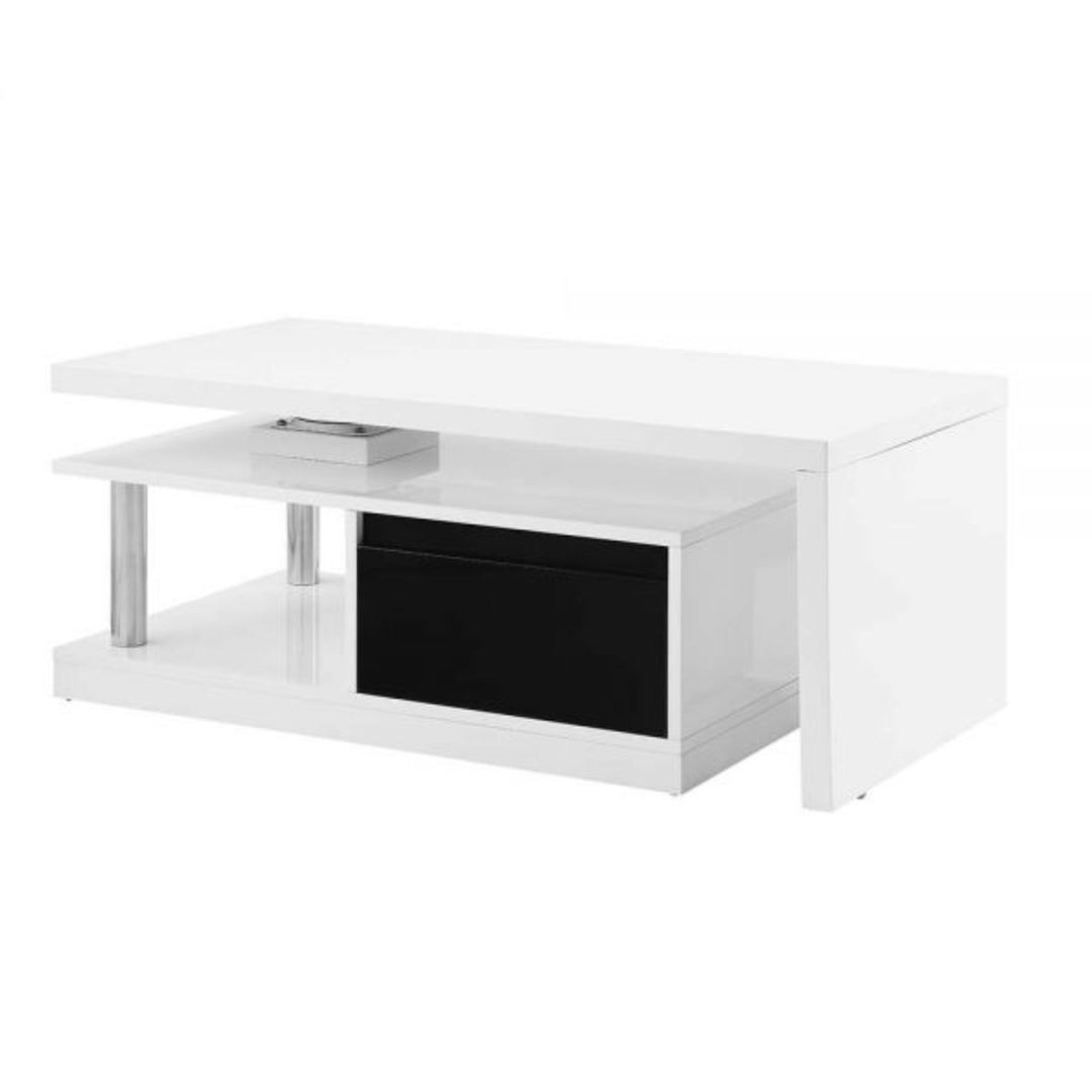 63-Inch Modern White, Black, and Silver Coffee Table with Two Drawers and Shelf