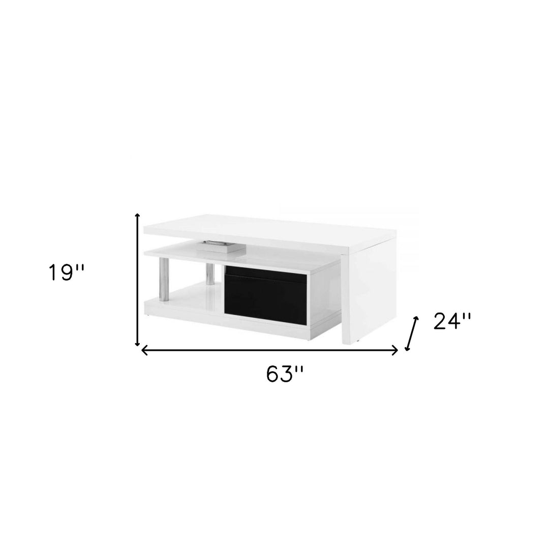 63-Inch Modern White, Black, and Silver Coffee Table with Two Drawers and Shelf