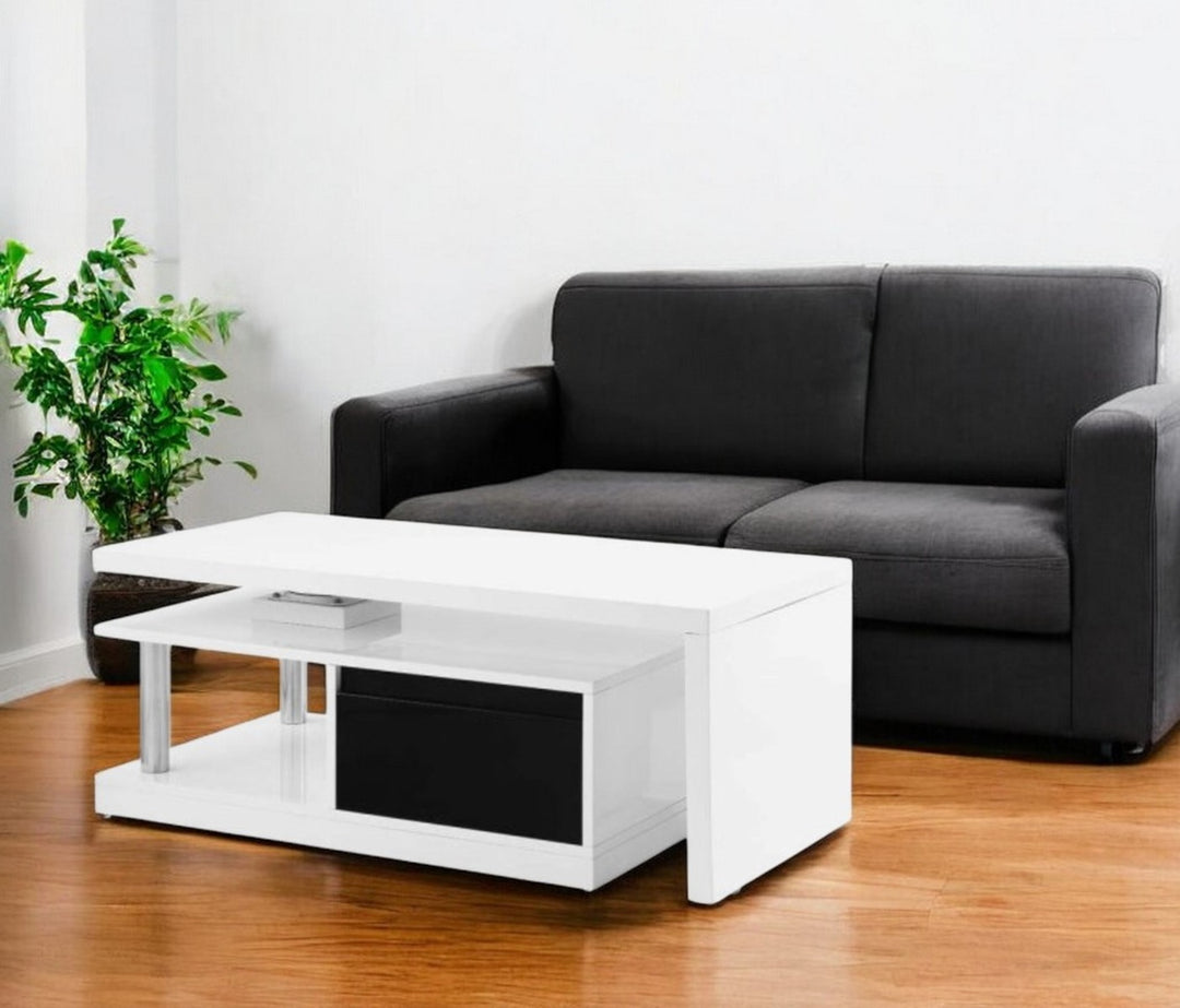 63-Inch Modern White, Black, and Silver Coffee Table with Two Drawers and Shelf