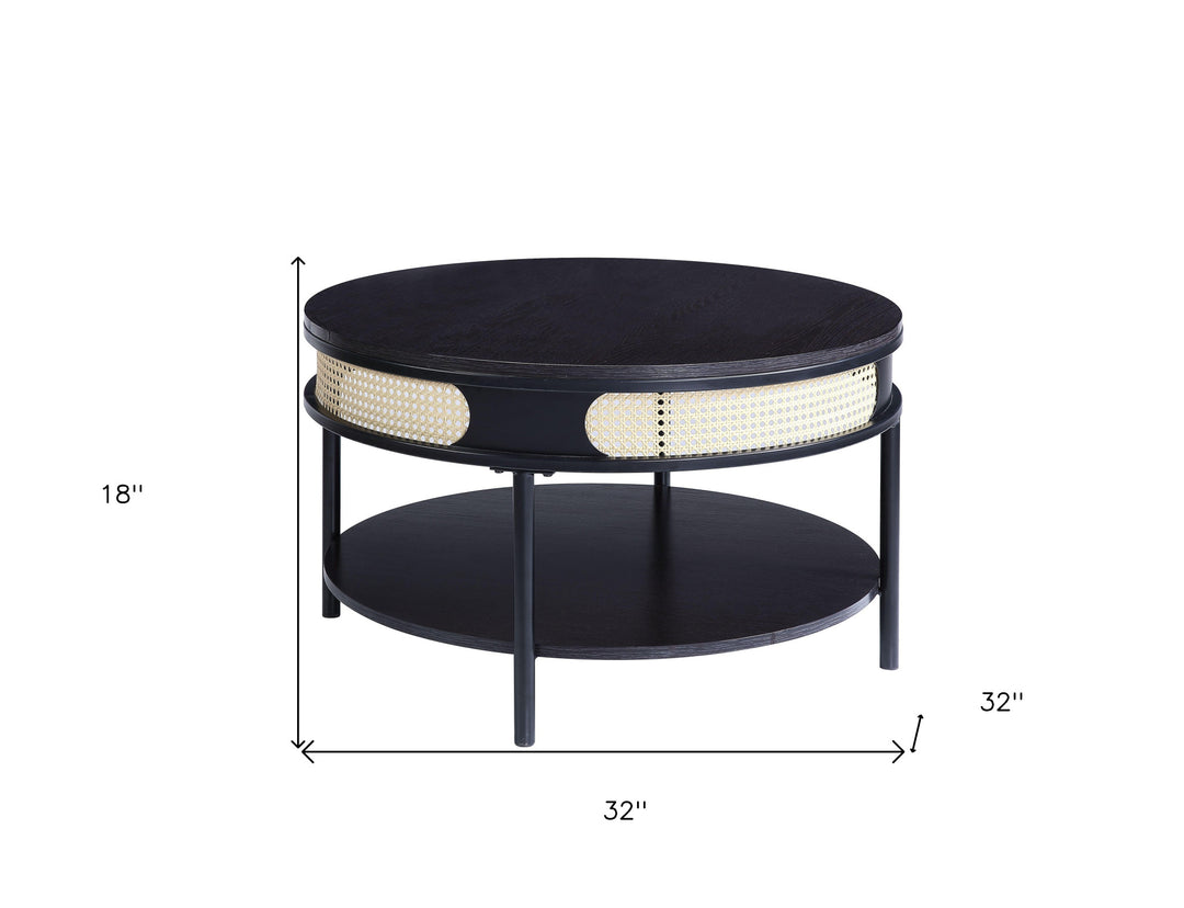 32" Black Wood And Metal Round Coffee Table With Shelf