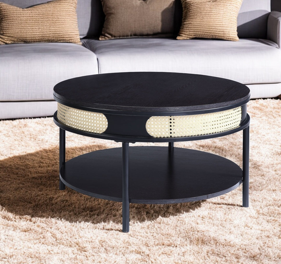 32" Black Wood And Metal Round Coffee Table With Shelf