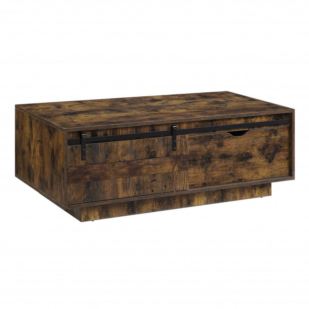 47-Inch Rustic Brown and Black Coffee Table with Drawer and Sliding Barn Door