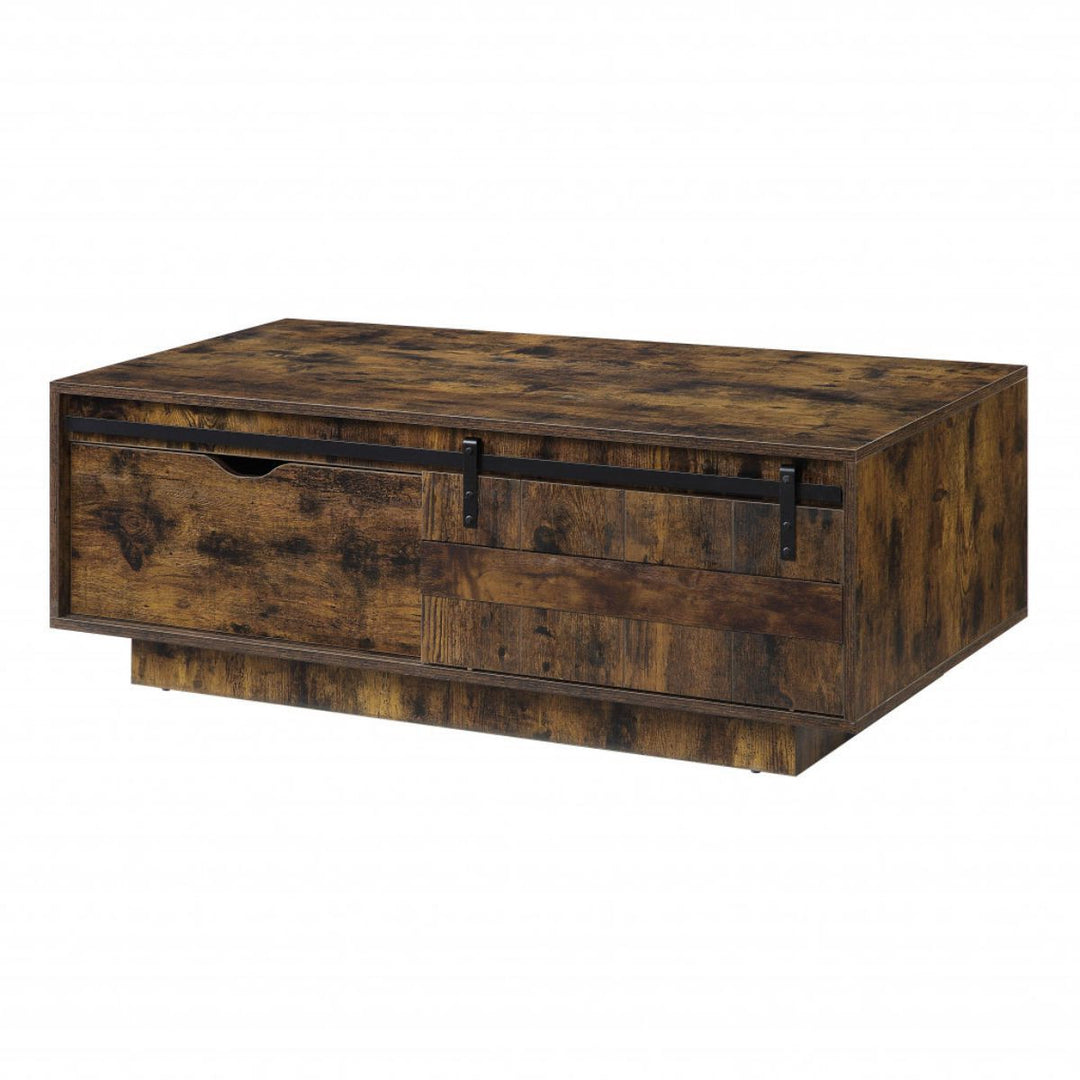 47-Inch Rustic Brown and Black Coffee Table with Drawer and Sliding Barn Door