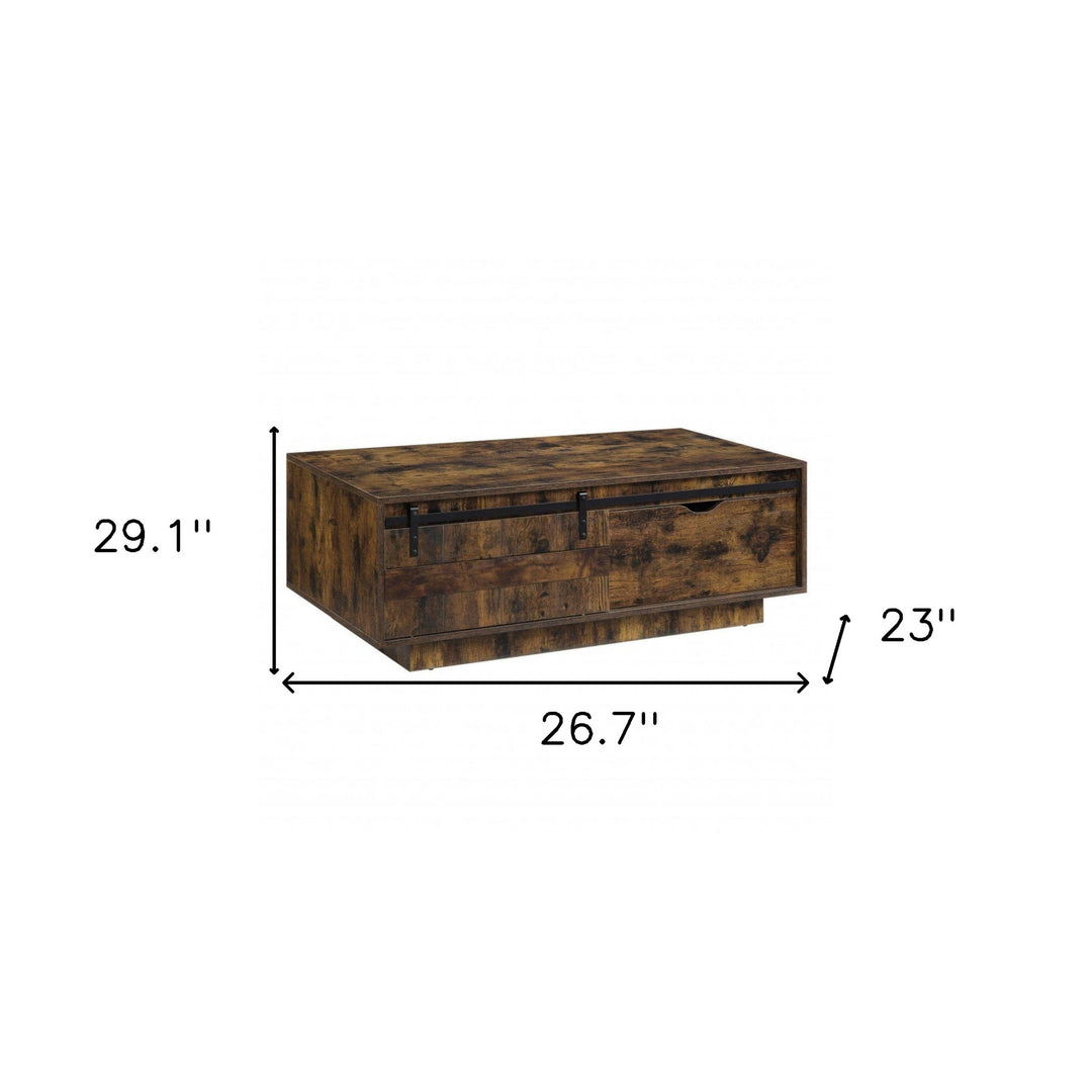 47-Inch Rustic Brown and Black Coffee Table with Drawer and Sliding Barn Door