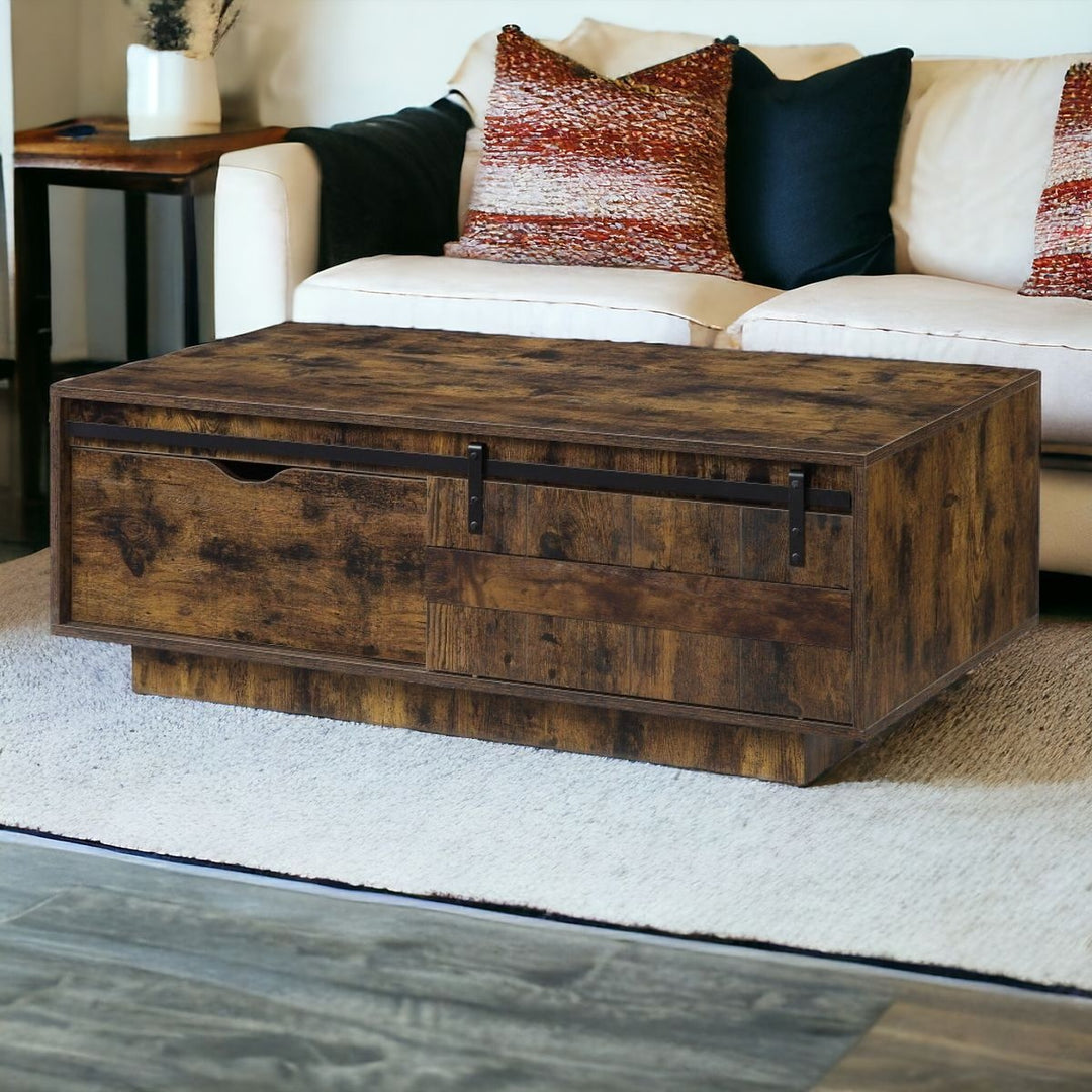 47-Inch Rustic Brown and Black Coffee Table with Drawer and Sliding Barn Door