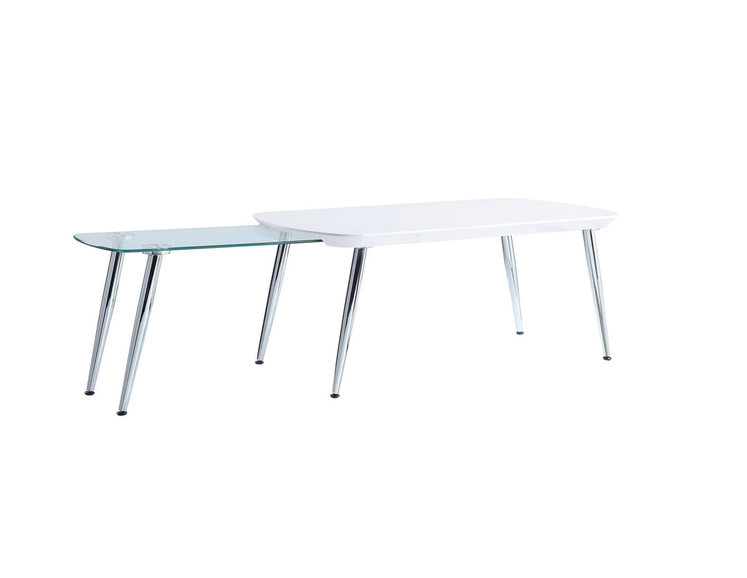 47-Inch White, Clear Glass, and Silver Extendable Coffee Table