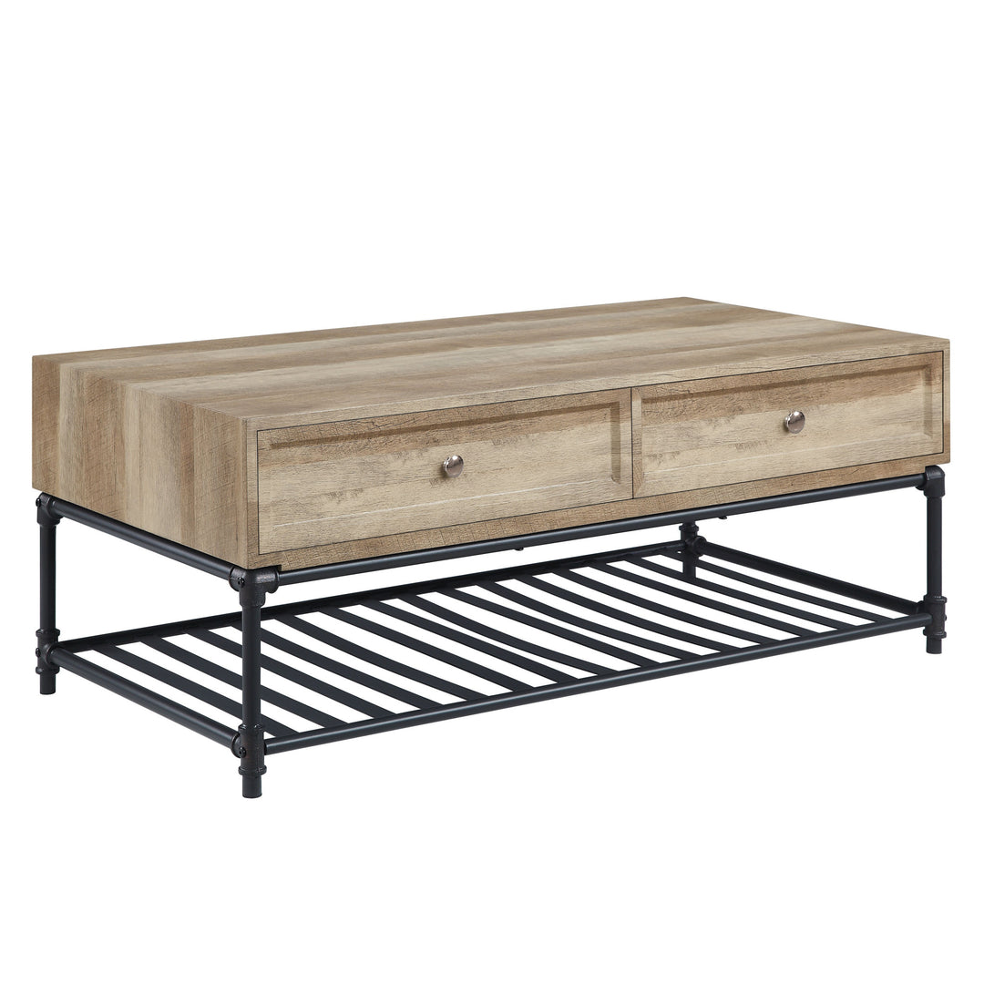 47-Inch Sandy Black Metal and Oak Veneer Coffee Table with Two Drawers and Shelf