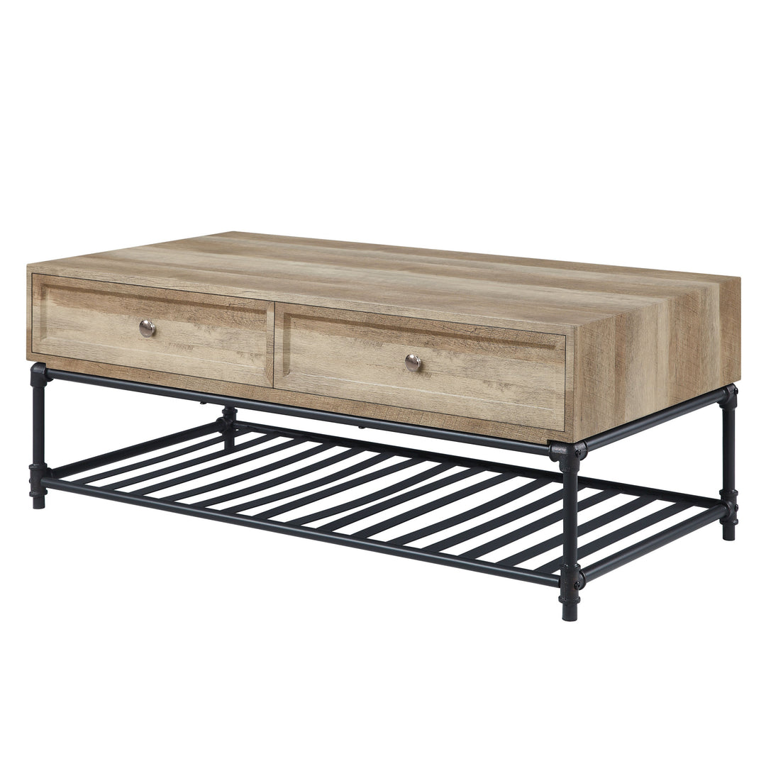 47-Inch Sandy Black Metal and Oak Veneer Coffee Table with Two Drawers and Shelf