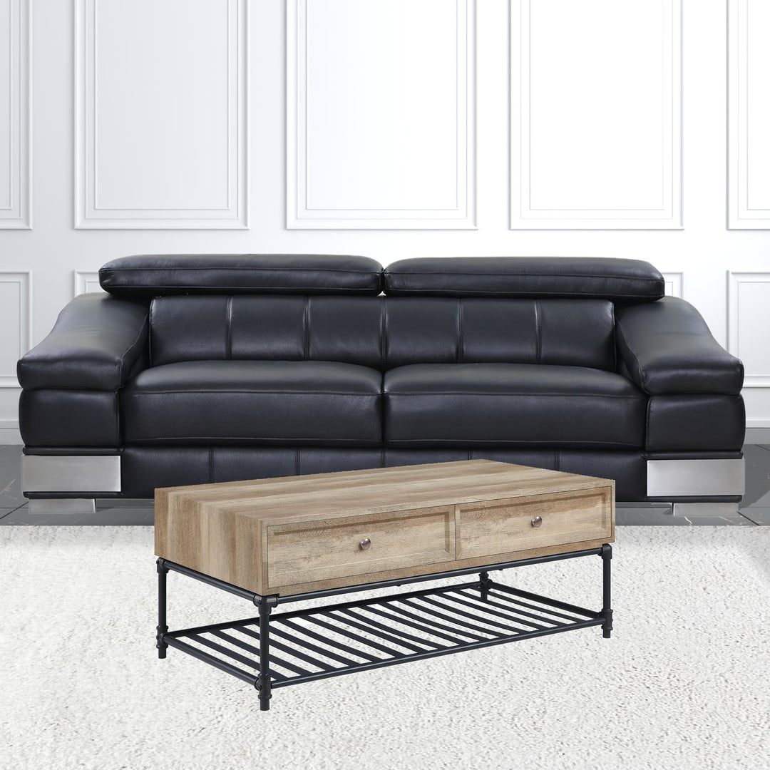 47-Inch Sandy Black Metal and Oak Veneer Coffee Table with Two Drawers and Shelf