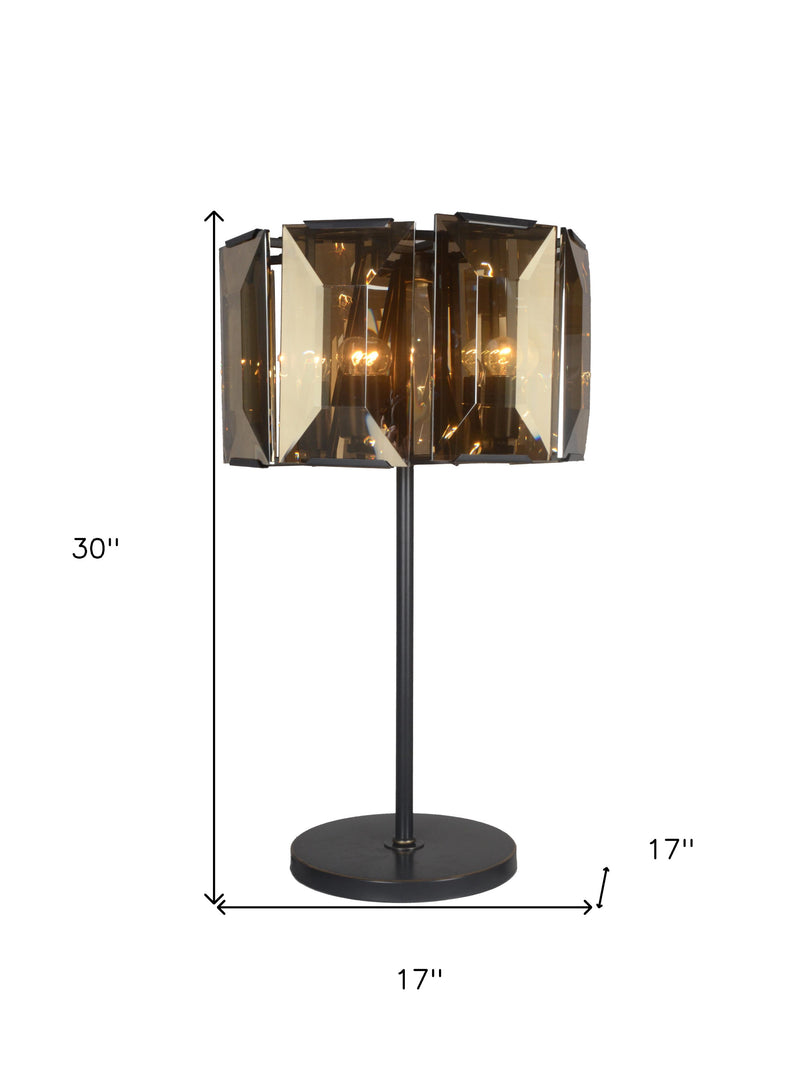 30" Bronze Metal Four Light Cylinder Bedside Table Lamp With Amber Round Shade