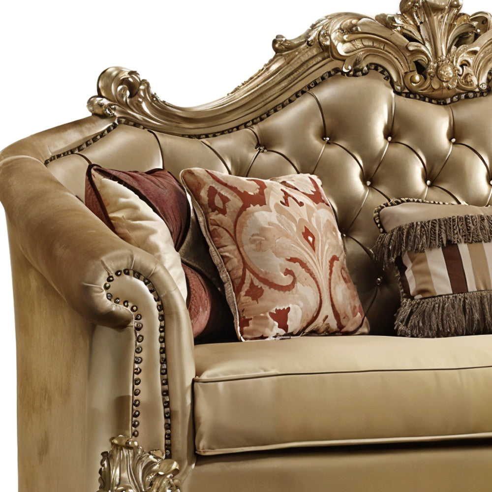 89" Bone Faux Leather Sofa And Toss Pillows With Gold Legs