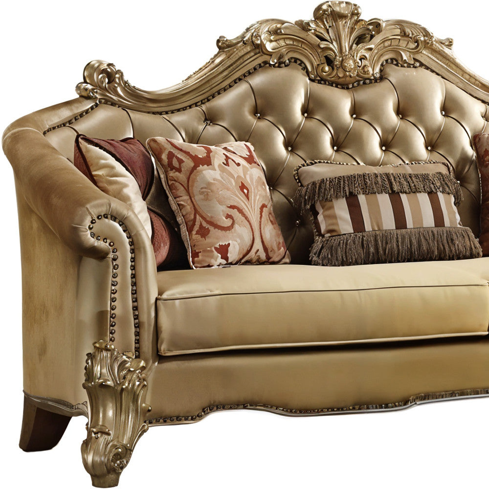 89" Bone Faux Leather Sofa And Toss Pillows With Gold Legs