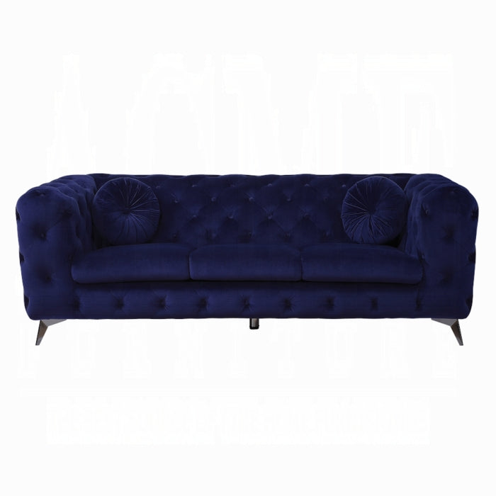 90" Blue Velvet Chesterfield Sofa With Silver Legs