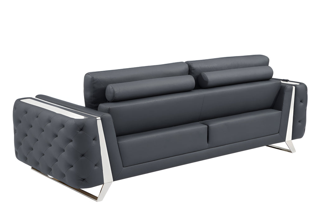 90" Gray Italian Leather Sofa With Silver Legs