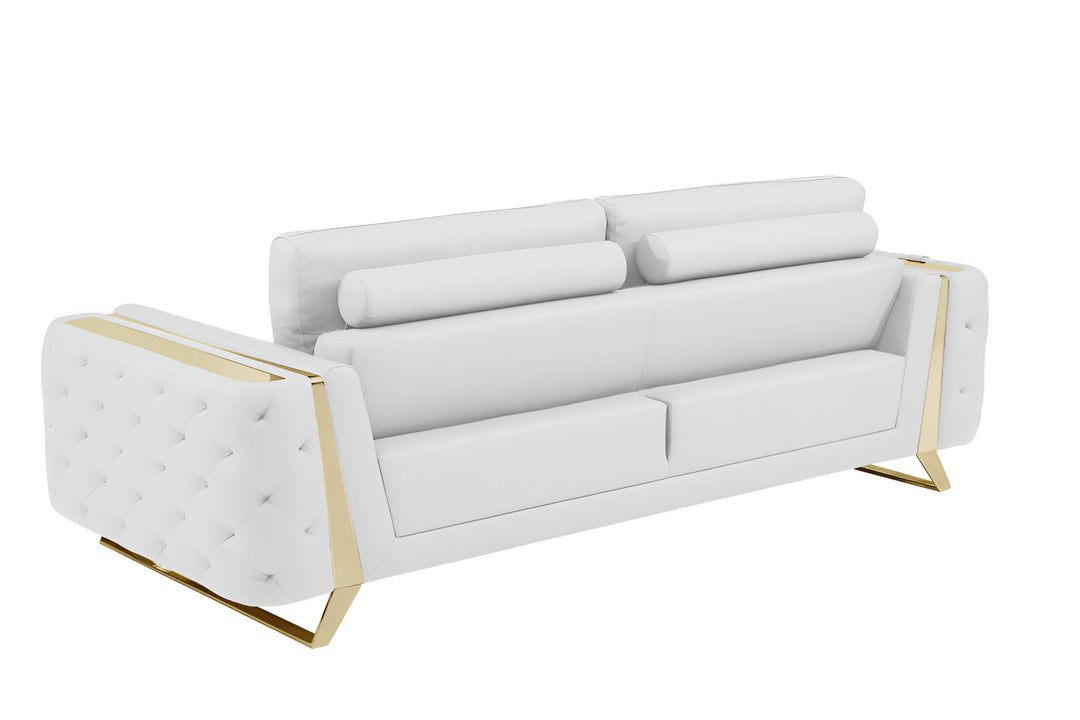 90" White Italian Leather Sofa With Gold Legs