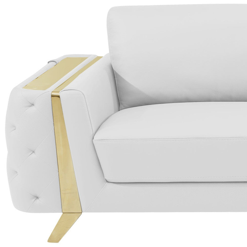 90" White Italian Leather Sofa With Gold Legs