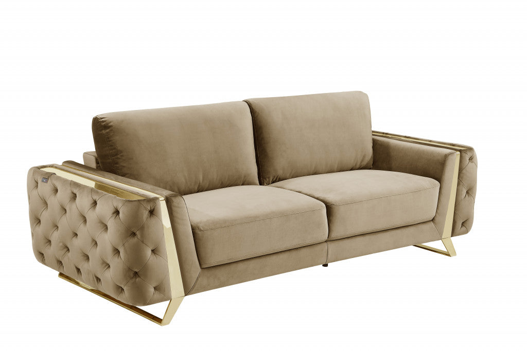 90" Beige Velvet Sofa With Gold Legs